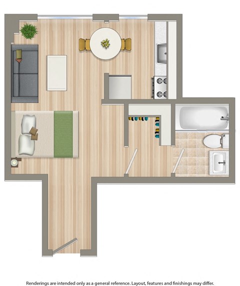 A floor plan of a house with a kitchen, living room, and bathroom.